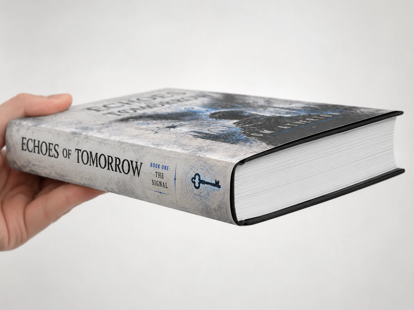 Side view of Echoes of Tomorrow: The Signal showing the hardcover spine and page thickness