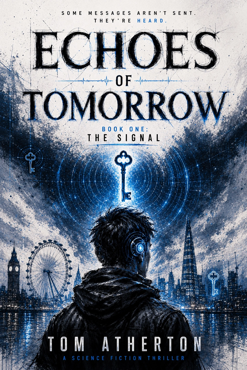 Echoes Of Tomorrow: The Signal front cover floating above a blue illuminated platform with golden keys orbiting around it