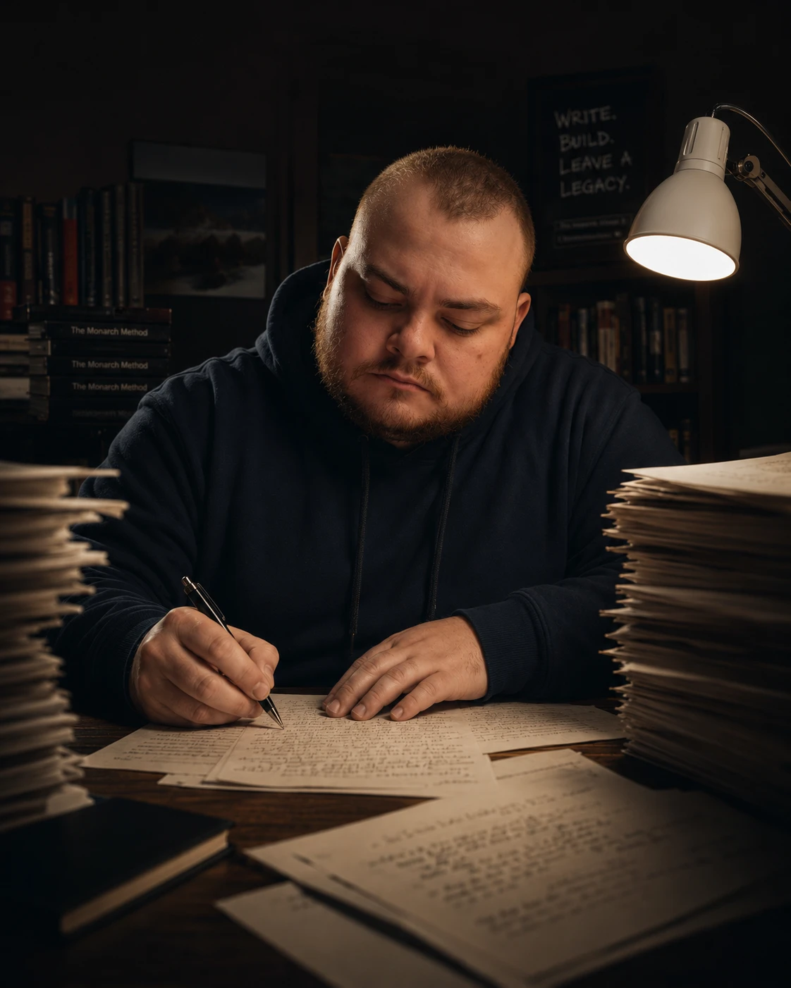 Tom Atherton writing at his desk