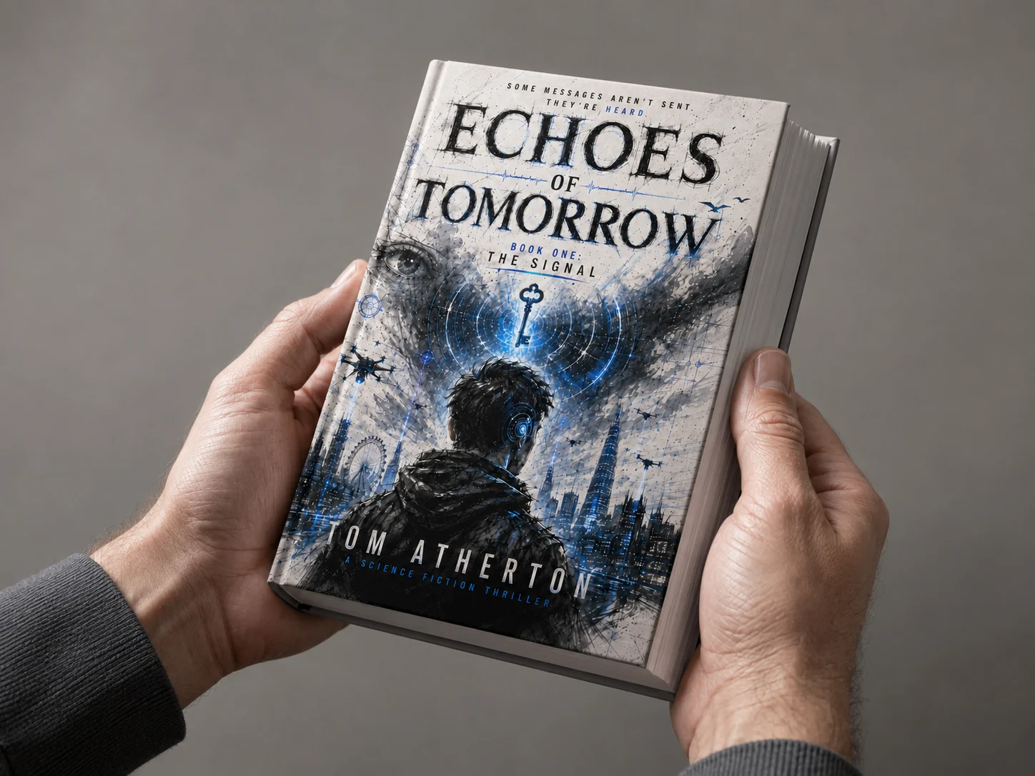 Hands holding the hardcover edition of Echoes of Tomorrow: The Signal